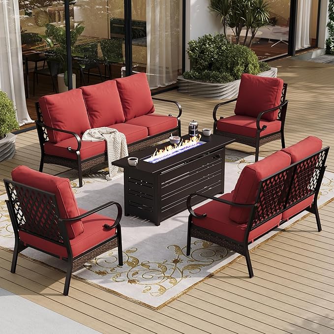 SUNSHINE VALLEY 5 Piece Metal Outdoor Patio Furniture Sets with Firepit Table, Patio Conversation Sets 1 3-Seater Sofa, 1 Loveseat, 2 Single Sofa with 5.75" Cushion for Backyard Deck, Rust Red