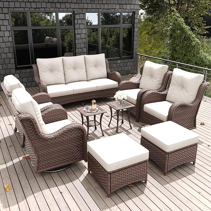LayinSun 9-Piece Outdoor Patio Furniture Set - Rattan Wicker Sectional Swivel Rocker Chairs with Ottomans, Single Chairs and Coffee Table