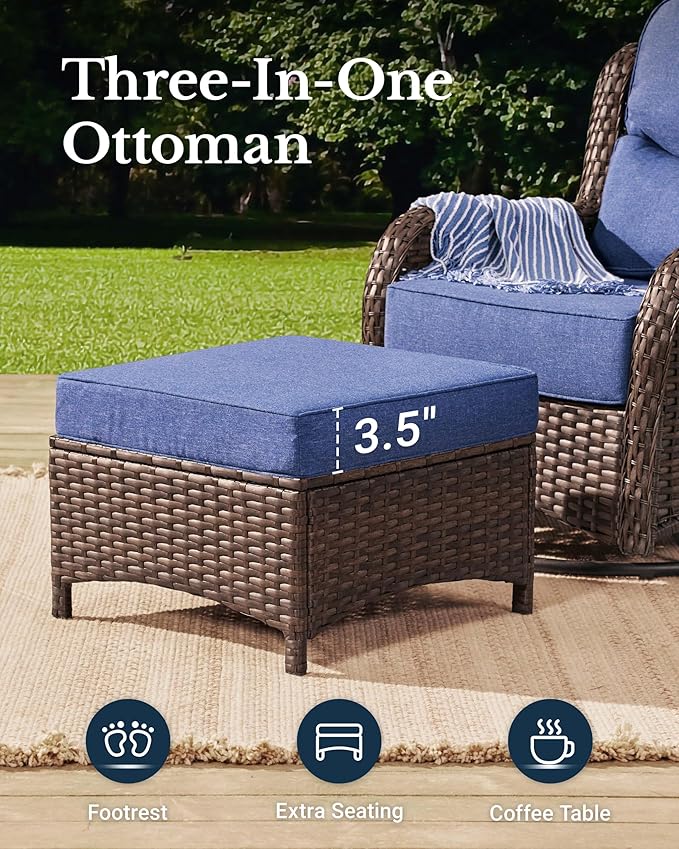 HILLGA Luxury Patio Furniture Set with 6-inch Thick Cushion, Outdoor Couch and High Back Swivel Rocker Patio Chairs, 8PCS Wicker Conversation Set for Deck Yard and Poolside, Blue (V2)