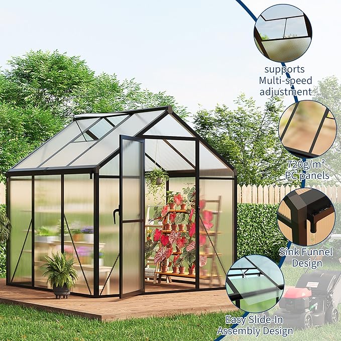 6×6 FT Greenhouse, Large Walk in Greenhouses for Outdoors and Garden Planting, Polycarbonate Greenhouse with Enhanced Aluminum Frame, Green Houses with Quick Setup Structure and Roof Vent, Black