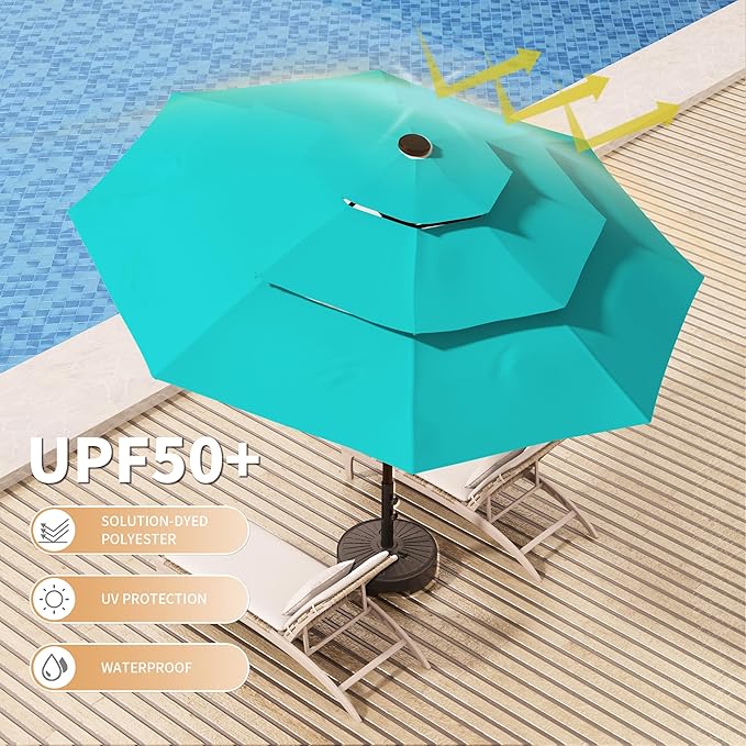 9FT 3-Tier Large Outdoor Patio Umbrella Market Table Umbrella-UV Resistant,Easy Push Button Tilt and Crank,8 Sturdy Fiberglass Ribs Heavy-Duty Pool Umbrella for Deck,Backyard,Garden,Yard,Light Blue