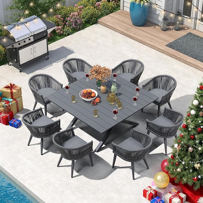PURPLE LEAF 9 Pieces Outdoor Dining Set with Patio Aluminium Square Dining Table and Wicker Rattan Chairs Modern Furniture Cushions Sets for Backyard Indoor Decor Kitchen Grey