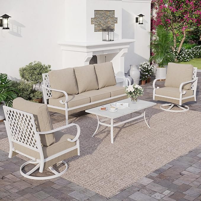 SUNSHINE VALLEY 4 PCS Metal Outdoor Patio Furniture Set, Patio Conversation Sets 1 3-seater Sofa, 2 Swivel Chairs with 5.75" Extra Thick Cushion and Coffee Table, White Frame Backyard Furniture, Beige