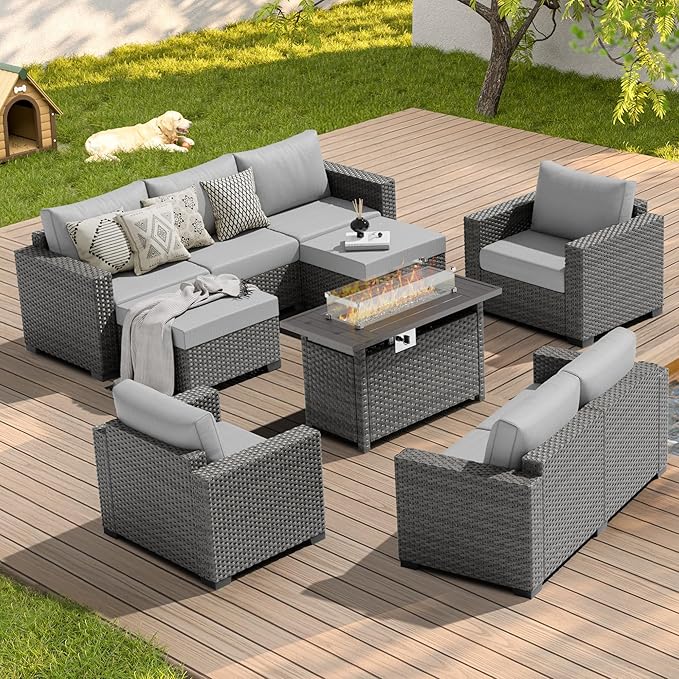 ABCASA Patio Furniture Set with Fire Pit Table, 44'' 60,000 BTU Flame Comfortable 10 Pieces Wicker Rattan Outdoor Furniture Set w/Soft Cushion, Patio Conversation Sets for Porch,Deck,Poolside,Grey