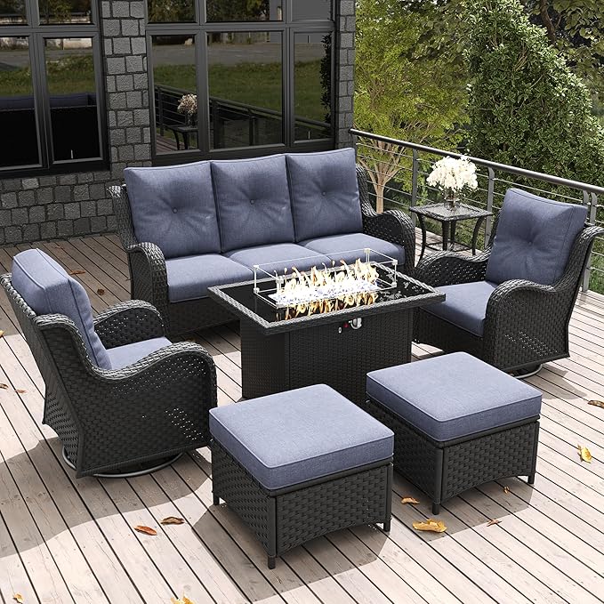 LayinSun 7 Pieces Outdoor Patio Furniture Set with Fire Pit Table, Rattan Wicker Sectional Swivel Rocker Chairs Sets with Ottomans, Swivel Glider Chairs and Coffee Table