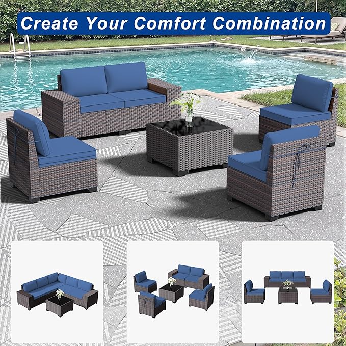 Outdoor Patio Furniture Set, 6 Pieces Outdoor Sectional Furniture High Backrest Patio Sofa, All-Weather PE Rattan Patio Conversation Set with Coffee Table & Cushions(Dark Blue).