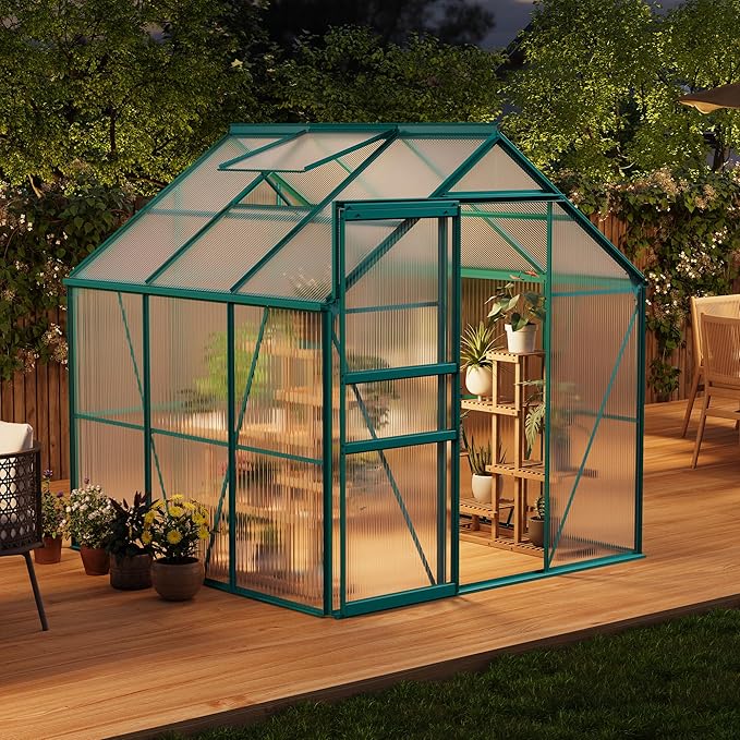 GarveeHome 6 x 6 FT Polycarbonate Greenhouse, Winter Greenhouses for Outdoors with Aluminum Frame, Sliding Door, Adjustable Roof Vent, Backyard Green Houses, Patio Garden, Green