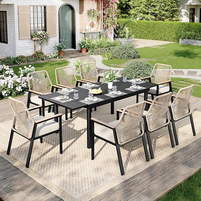 Expandable Outdoor Patio Dining Table for 8, Adjustable 61"/83" x 37" Rectangular Large 6-8 Person Metal Outdoor Table, Rectangle Metal Wrought Iron Extendable Table for Backyard and Porch