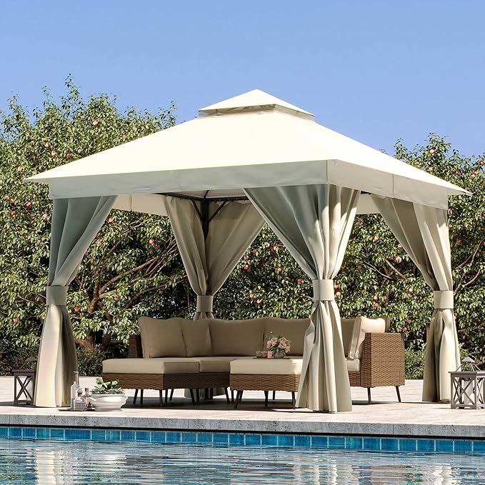 LAUSAINT HOME Gazebo 10x10ft, Heavy Duty Patio Gazebo with Expansion Bolts, Party Canopy Tent with Double Roofs, Mosquito Nettings and Privacy Screens for Backyard, Garden, Lawn, Cream White