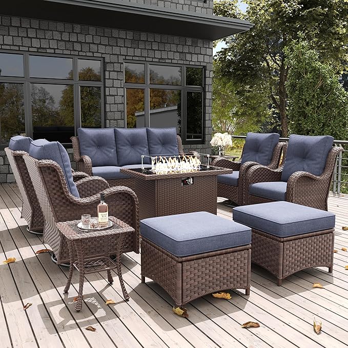 LayinSun 10 Pieces Outdoor Patio Furniture Set with Fire Pit Table, Rattan Wicker Sectional Swivel Rocker Chairs Sets with Ottomans, Swivel Glider Chairs and Coffee Table