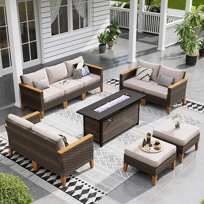 Sophia & William Patio Furniture Set with 56" Fire Pit Table, 10PCS Outdoor Wicker Sectional Conversation Set with 3-Seater Sofa, 2-Seater Couch, 2 Ottoman & FirePit Table(Beige)