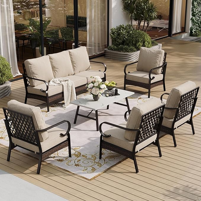 SUNSHINE VALLEY 6 Piece Metal Outdoor Patio Furniture Sets, Patio Conversation Sets 1 3-Seater Sofa, 4 Single Sofa with 5.75" Extra Thick Cushion & Coffee Table, Black Frame Backyard Furniture, Beige