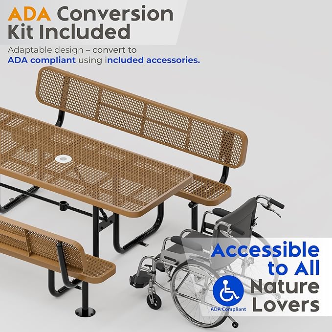 Commercial Heavy-Duty Metal Picnic Table with Backrest - ADA Compliant, Adjustable Seats, Umbrella Hole, Expanded Metal (Brown, 6' Rectangular with Back)
