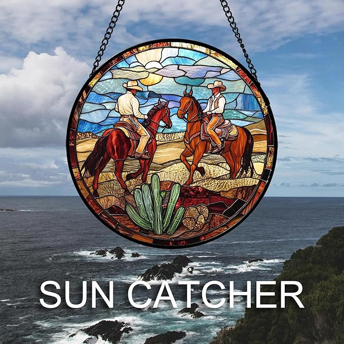QZQCBLC Stained Glass Window Hanging Western Cowboys Riding Horses 9.8" - Suncatcher Door Garden Sun Catcher Home Decor Birthday Christmas for Woman Nana Friend Men Kids