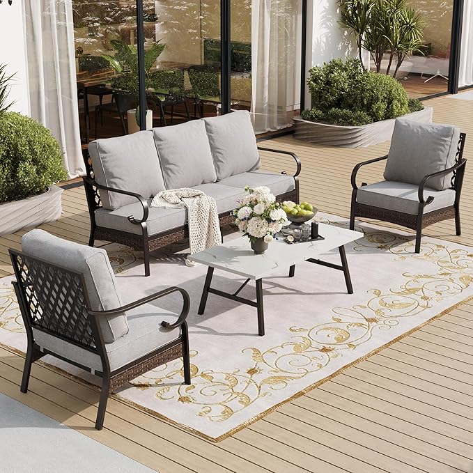 SUNSHINE VALLEY 4 Piece Metal Outdoor Patio Furniture Set, Patio Conversation Sets 1 3-seater Sofa, 2 Chairs with 5.75" Extra Thick Cushion and Coffee Table, Black Frame Backyard Furniture, Light Gray