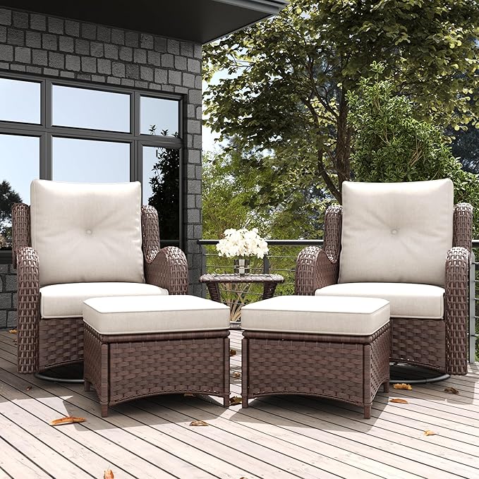 LayinSun 5 Pieces Outdoor Patio Furniture Set, Rattan Wicker Swivel Rocker Chairs Sets with Ottomans, Swivel Glider Chairs, and Coffee Table