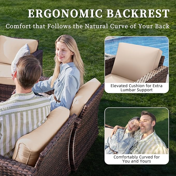 UDPATIO Patio Furniture Set with Fire Pit Table, Rocking Swivel Chairs, 6 Pieces Outdoor Conversation Sets, All-Weather Wicker Outdoor Sectional Sofa with Waterproof Cover, 4'' Thickened Cushion
