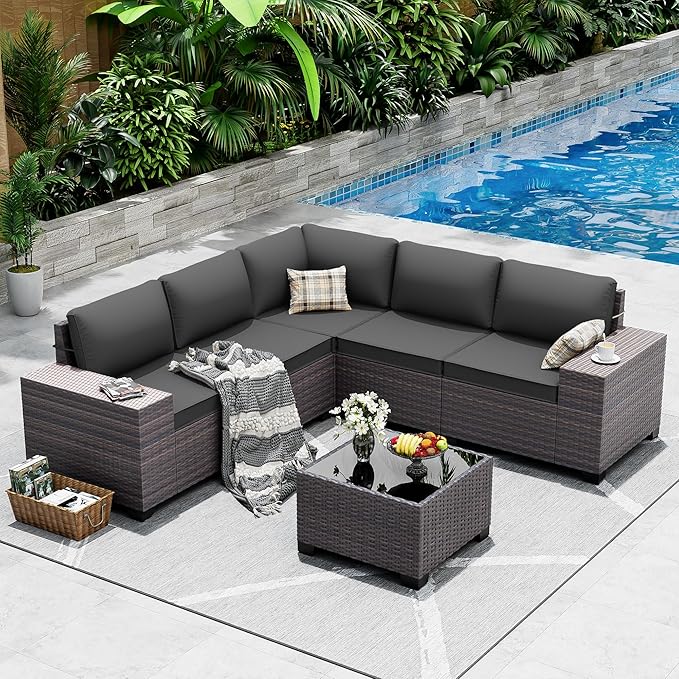 Outdoor Patio Furniture Set, 6 Pieces Outdoor Sectional Furniture High Backrest Patio Sofa, All-Weather PE Rattan Patio Conversation Set with Coffee Table & Cushions-Black