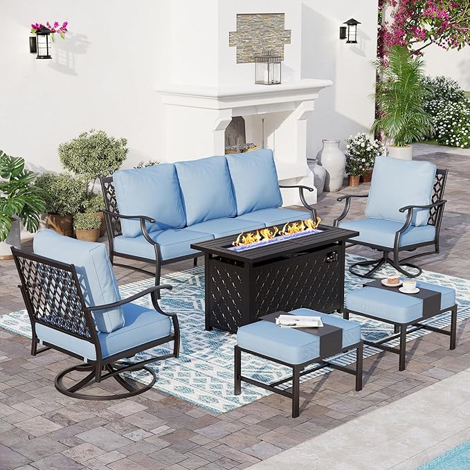 SUNSHINE VALLEY 6 Piece Metal Outdoor Patio Furniture Set with Firepit Table, Patio Conversation Set 1 3-seater Sofa, 2 Swivel Chair, 2 Ottoman with 5.75" Thick Cushion, Black Backyard Furniture, Blue
