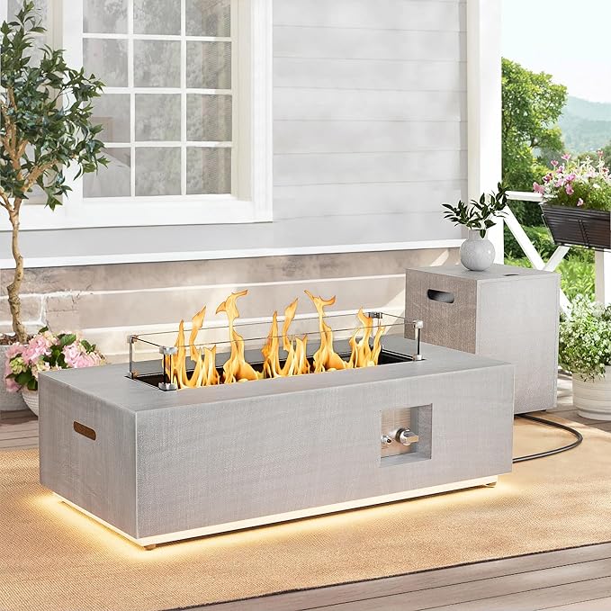 Dineli 2-Piece Outdoor Propane Fire Pit Table Set w Tank Table 42'' Rectangular Firepit Gas Fire Pits for Outside Patio Table Fire Pit w LED, 50,000 BTU (Light Gray, with Warmlight)