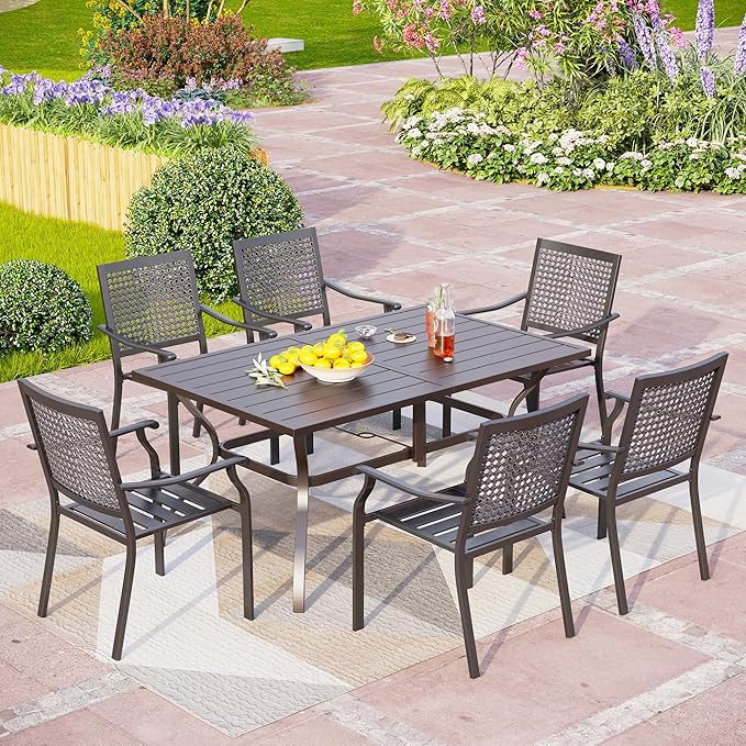 PHI VILLA Outdoor Dining Table for 6, 60" Long Rectangular Metal Wrought Iron Table with Umbrella Hole, All-Weather Large Furniture for Patio, Backyard, Porch