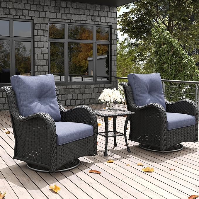 LayinSun 3 Pieces Outdoor Patio Furniture Set, Rattan Wicker Swivel Rocker Chairs Sets with Swivel Glider Chairs and Coffee Table