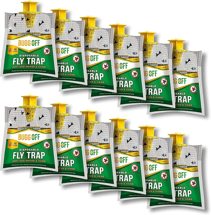 BUGGOFF - 12 Pack Outdoor Disposabe Hanging Fly Traps with Natural Pre-Bait, Catches Flyes Everywhere Anywhere, Stables, Ranches, Cottages and More. Cut, Fill and Hang.
