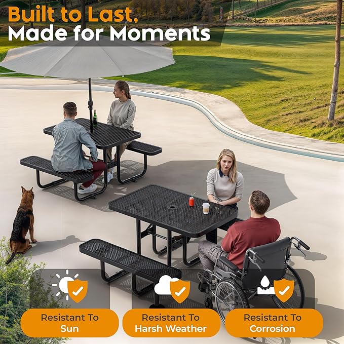 OUTTANS Commercial Heavy-Duty Metal Picnic Table - ADA Compliant, Adjustable Seats, Umbrella Hole, Expanded Metal (Black, 4' Rectangular)
