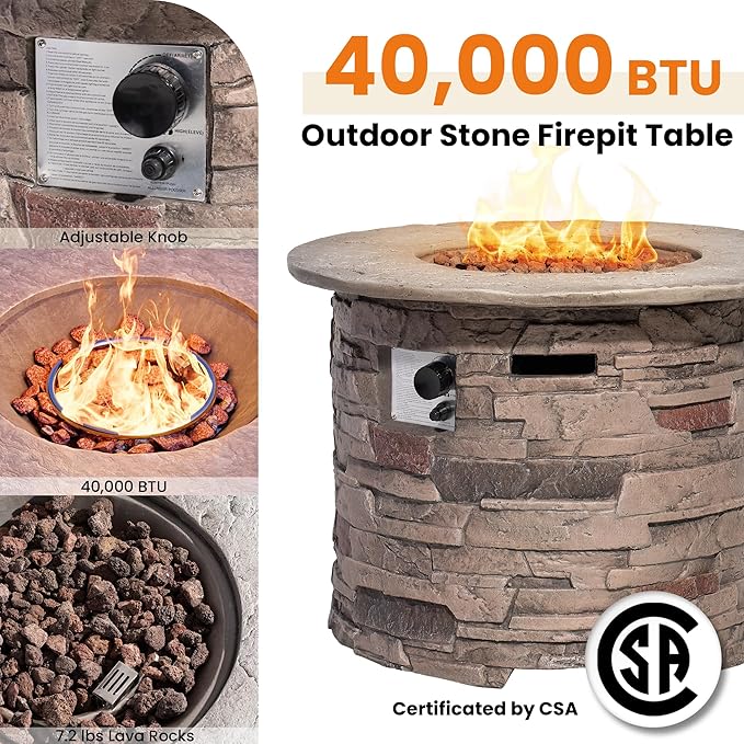 HOMPUS Outdoor Propane Fire Table, 32-inch Imitation Stone Concrete with Rain Cover and Lava Rocks - Smokeless, 40,000 BTU for Patio, Garden, Deck or Backyard