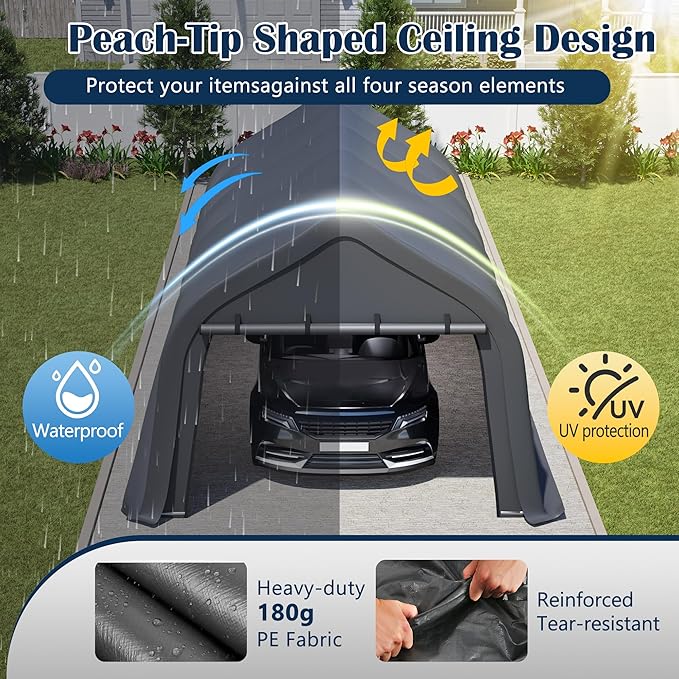 Anti-Snow 13x20 FT Carport,Grade Heavy Duty Portable Garage Canopy with Steel Frame & Vented Roof,Waterproof Outdoor Storage Shed W/Removable Double-Zipper Doors,for Vehicle, Boat,RV,Grey