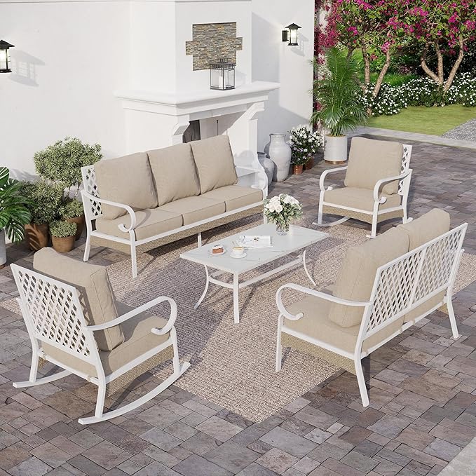 SUNSHINE VALLEY 6 PCS Metal Outdoor Patio Furniture Set, Patio Conversations Sets 3-Seater Sofa, 2-Seater Sofa, 2 Rocking Chair with 5.75" Thick Cushion & Coffee Table White Backyard Furniture, Beige