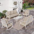 SUNSHINE VALLEY 6 PCS Metal Outdoor Patio Furniture Set, Patio Conversations Sets 3-Seater Sofa, 2-Seater Sofa, 2 Rocking Chair with 5.75" Thick Cushion & Coffee Table White Backyard Furniture, Beige