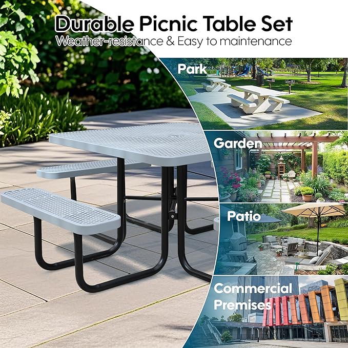 46Inch Square Picnic Table for 8 Person, Outdoor Heavy Duty Sturdy Picnic Tables with 4 Benches & Umbrella Hole, Commercial Metal Patio Picnic Table for Garden, BBQ, Coffee Store, Party, Porch (Grey)