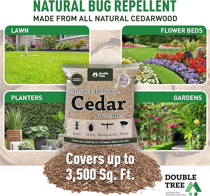 Double Tree Home and Garden Cedar Granules | Repels Fleas, Ticks, Ants, and Mosquitos | Rich Cedar Scent | Non Toxic | Pet Safe | 3 Bags (48 Quarts)