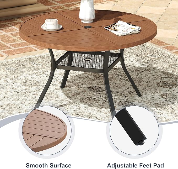 VICLLAX Round Patio Dining Table, 4-6 Person Metal Outdoor Dining Table with Umbrella Hole and Storage Shelf for Garden Lawn Deck, 47.2" Walnut