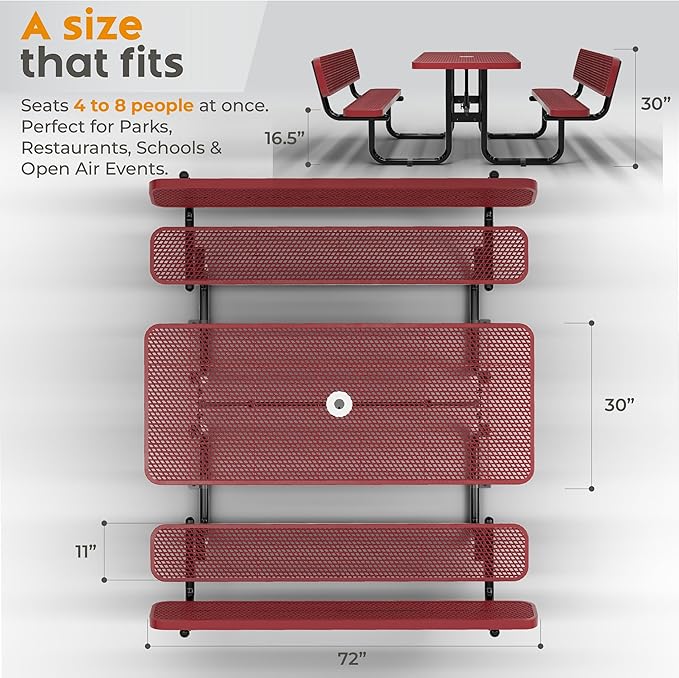 Commercial Heavy-Duty Metal Picnic Table with Backrest - ADA Compliant, Adjustable Seats, Umbrella Hole, Expanded Metal (Red, 6' Rectangular with Back)