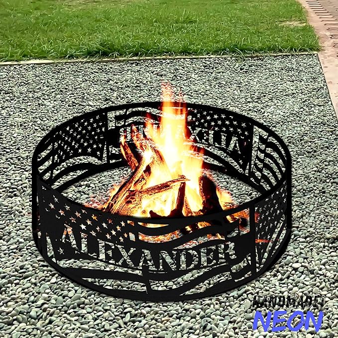 Personalized Fire Pit Ring American Flags US USA Flag Metal Custom Name 360 Degree Campfire Ring Stove Outdoor BBQs Backyard Camping Garden Decor Gifts Father's Day Camper Veteran