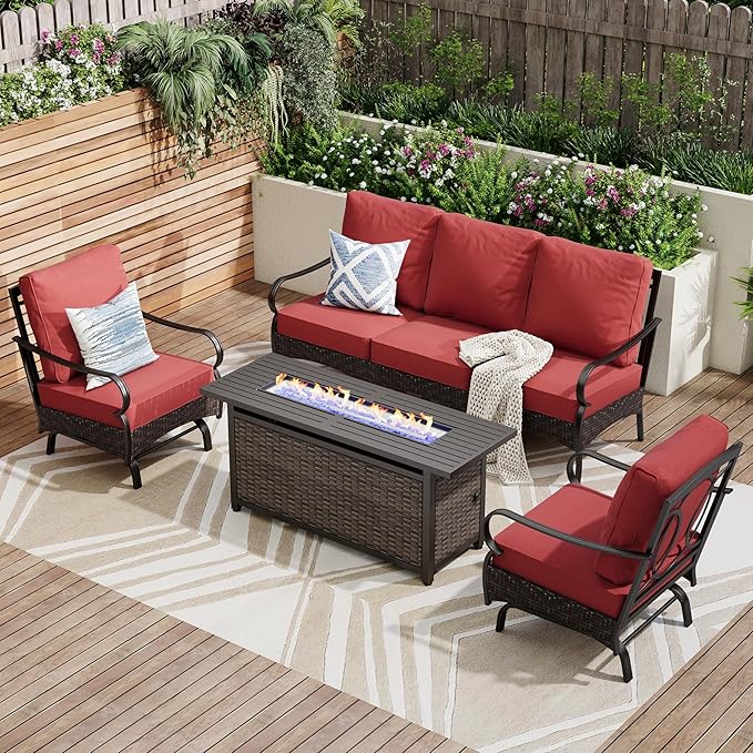 Patio Furniture Set with 56" Fire Pit Table, Premium Outdoor Wicker Metal Frame Furniture with Upgraded Waterproof Thick Cushions for Porch, Poolside, Deck, and Yard （4 Pieces,Red