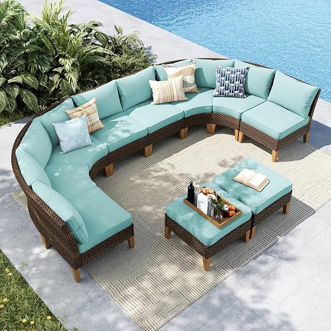 MFSTUDIO 10 Pieces Extra Large Wicker Patio Furniture Set, Rattan Outdoor Half-Moon Sectional Sofa Patio Conversation Sets for Garden, 4 x Curved Sofa, 4 x Armless Couch, 2 x Ottoman(Aqua Blue)