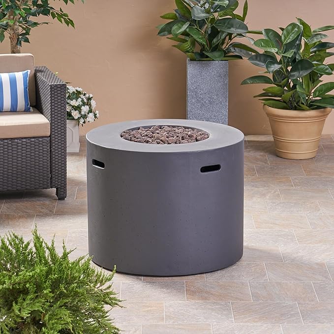 31-inch Round Magnesium Oxide Propane Gas Fire Pit Table - 40,000 BTU Outdoor Heater with Hidden Tank Space, Lightweight Concrete Patio Firepit for Backyard/Deck/Garden, Dark Grey