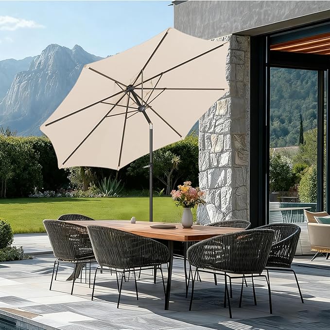 9FT Large Outdoor Patio Umbrella Market Table Umbrella-UV Resistant, Easy Push Button Tilt and Crank, 8 Sturdy Ribs Heavy-Duty Pool Umbrella for Deck, Backyard,Garden,Beige