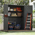 EHHLY Vertical Resin Storage Shed with 2 Shelves, 60 Cuft Garden Tool Sheds & Outdoor Storage, Plastic Outdoor Storage Cabinet Waterproof, 4.5 x 2.3 ft Backyard Outside Lawn Mower Storage Shed, Grey