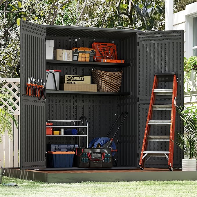 EHHLY Vertical Resin Storage Shed with 2 Shelves, 60 Cuft Garden Tool Sheds & Outdoor Storage, Plastic Outdoor Storage Cabinet Waterproof, 4.5 x 2.3 ft Backyard Outside Lawn Mower Storage Shed, Grey