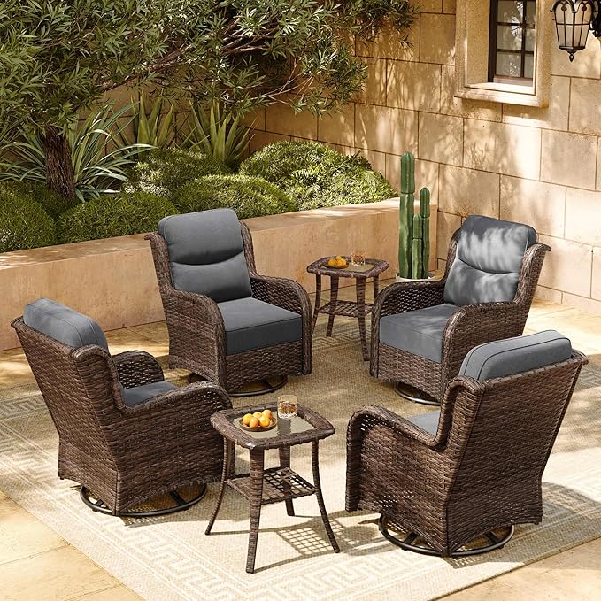 HILLGA Luxury Patio Furniture Set with 6-inch Thick Cushion, Outdoor High Back Swivel Rocker Patio Chairs, 6PCS Wicker Conversation Set for Deck Yard and Poolside, Dark Grey (V2)