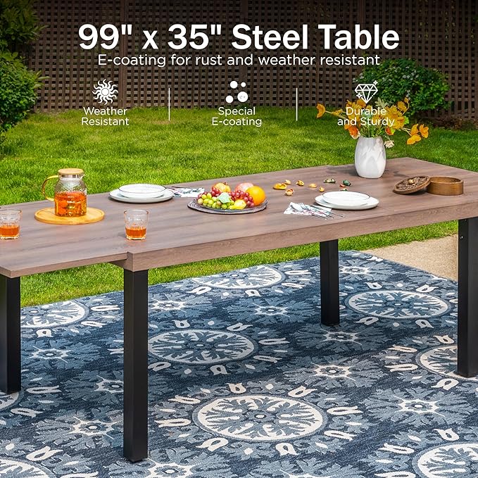 PHI VILLA Outdoor Metal Expandable Dining Table, Wood-Like Wrought Iron Extendable Table for 6-8 Person, Heavy-Duty Large Rectangular Table Furniture for Patio, Deck, Backyard, Porch