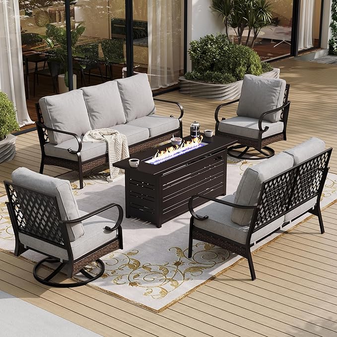 SUNSHINE VALLEY 5 Piece Metal Outdoor Patio Furniture Sets with Firepit Table, Patio Conversation Sets 1 3-Seater Sofa, 1 2-Seater Loveseat, 2 Swivel Chair with 5.75" Cushion for Backyard, Light Gray