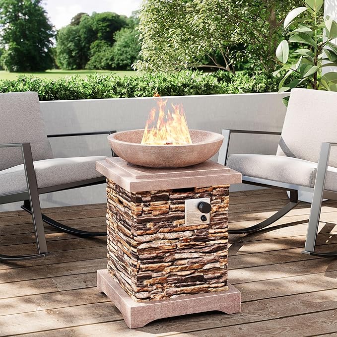 SUNBURY Outdoor Propane Fire Pit, Gas Fire Pit for Outside Patio, Stone Outdoor Fire Table Fire Column 40,000 BTU Propane Fire Tables Firepit Table w Lava Rocks, CSA Certified, Waterproof Cover