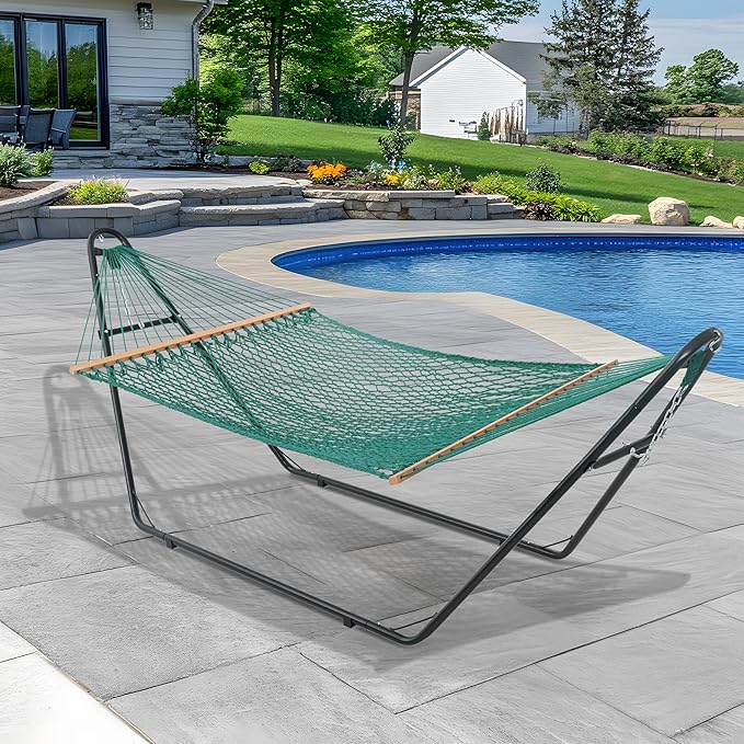 Lazy Daze Hammocks 12FT Double Rope Hammocks, 2 Person Hand Woven Cotton Hammock with Spreader Bar for Outside, Patio, Poolside, FIT 13-15 Foot Stand, Max 450 Lbs, Green, 141 x 57 inches