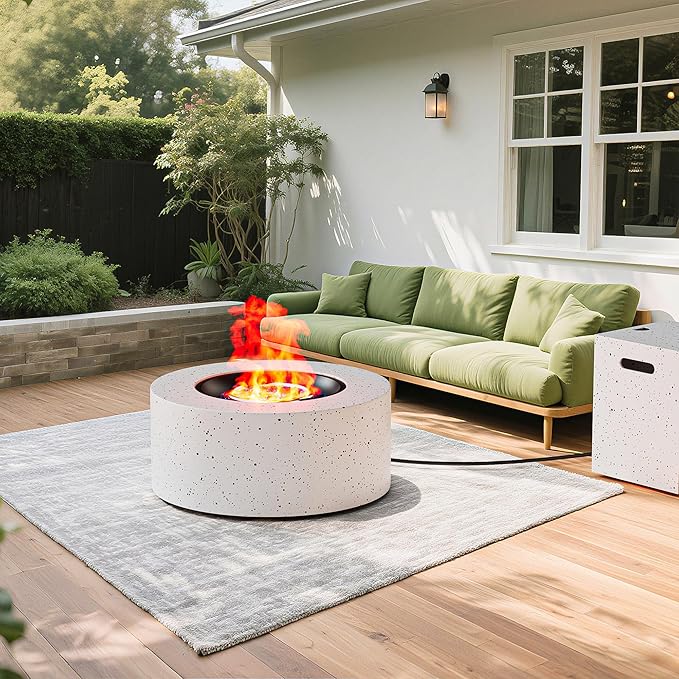30" Round Propane Fire Pit Table - 50K BTU with Lid, Rocks Tank Storage and Cover - Round Gas Fire Pits for Outside Patio - Outdoor Table with Firepit (White, 30" Round)