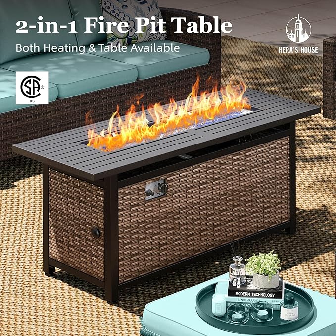 HERA'S HOUSE Swivel Glider Patio Furniture Set, Outdoor Sectional Conversation Sets with 56" Fire Pit Table, 8 Pieces 9 Seats Outside Sofa for Lawn Deck Backyard, Blue